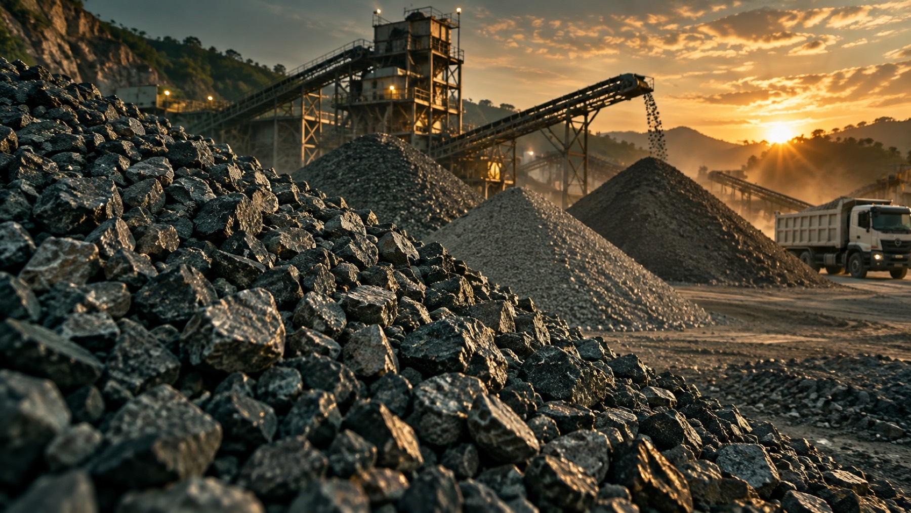 Graded construction stone piles from the HEMWARA CO., LTD. quarry